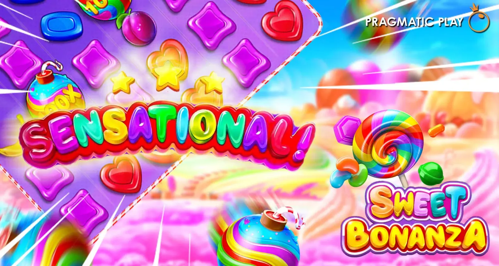 Sweet Bonanza 老虎機遊戲畫面，繽紛糖果水果主題與 5x6 盤面