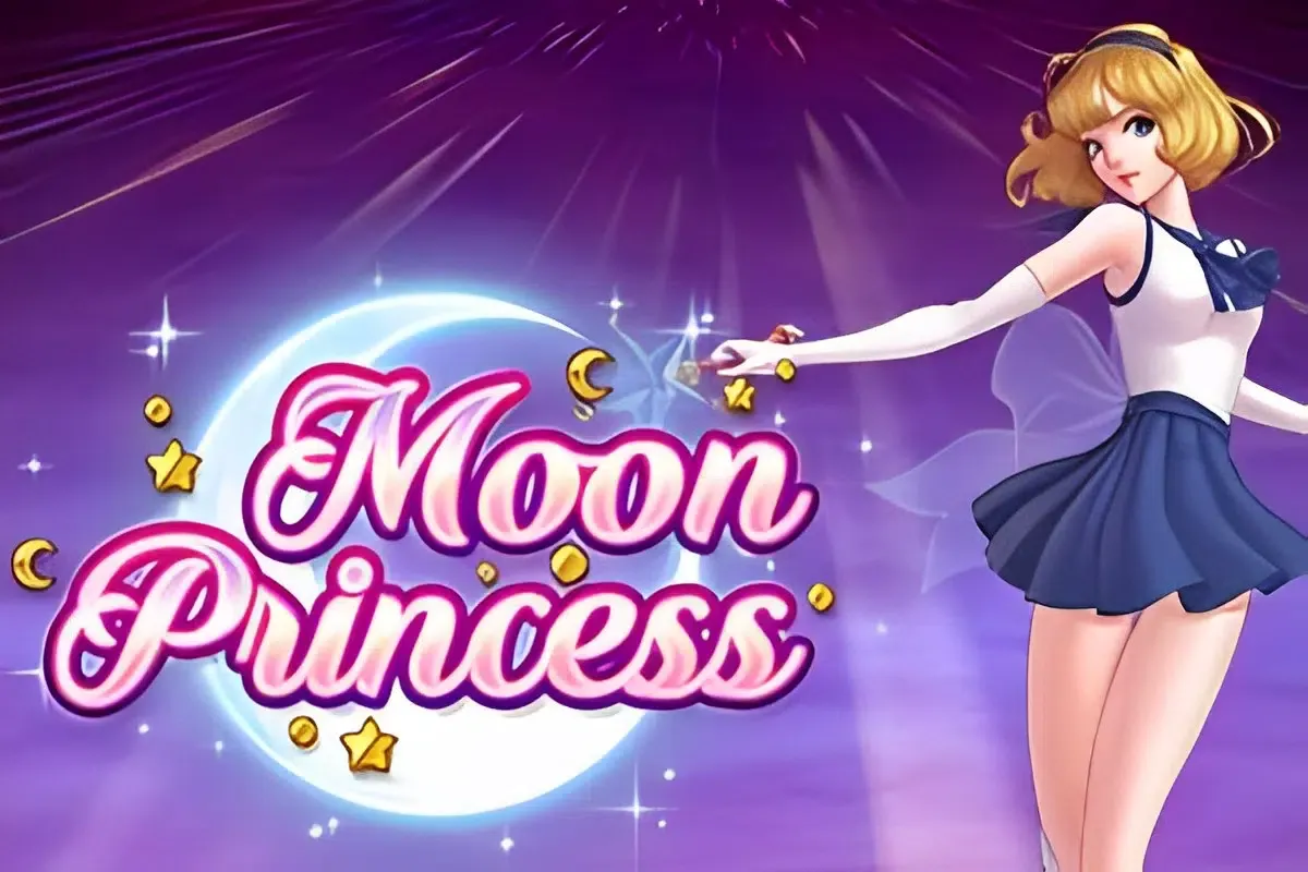 Moon Princess 老虎機遊戲畫面，三位魔法公主角色與 5x5 三消盤面