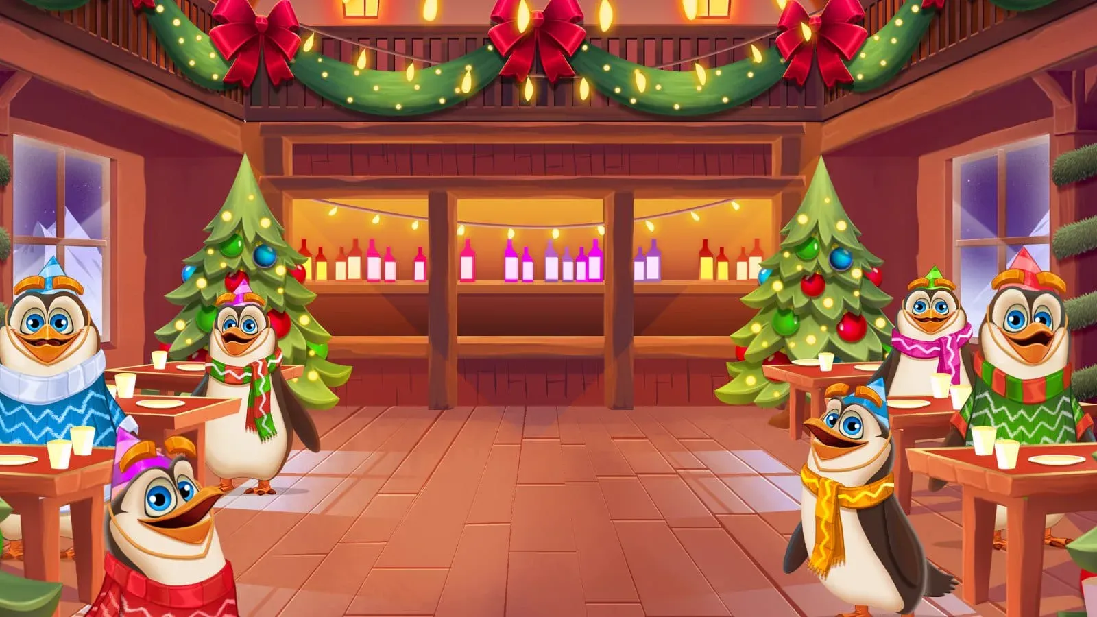 Penguins Christmas Party Time 老虎機遊戲畫面，Pragmatic Play 聖誕企鵝派對主題老虎機