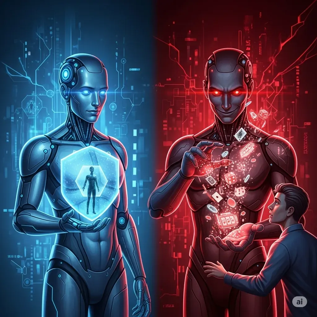 AI 與負責任博弈概念圖——人工智慧在玩家保護與商業利益間的平衡