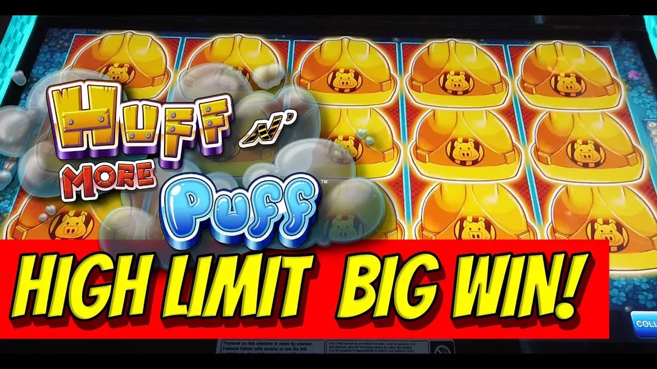 Huff N Puff 系列老虎機遊戲畫面，Light & Wonder 三隻小豬主題大野狼吹房子老虎機
