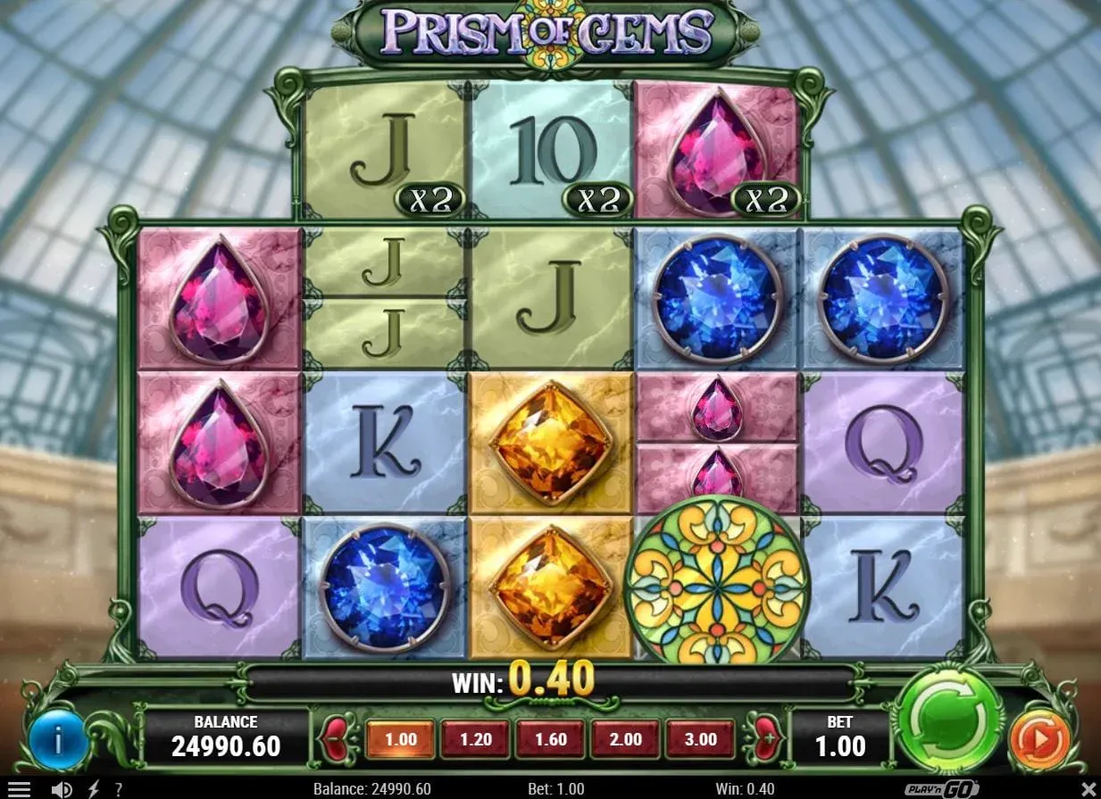 Prism of Gems 老虎機遊戲畫面，彩色寶石與稜鏡光效主題