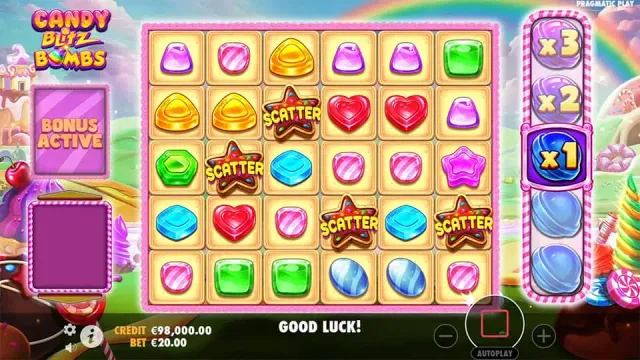 Candy Blitz 老虎機遊戲畫面，Pragmatic Play 糖果主題 Cascading 消除老虎機