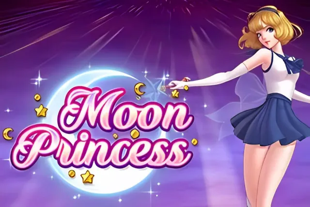 Moon Princess 老虎機遊戲畫面，三位魔法公主角色與 5x5 三消盤面