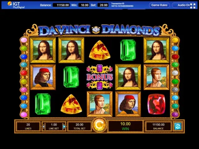 IGT Davinci Diamonds 老虎機遊戲畫面，展示 Cascading Reels 消除掉落特色