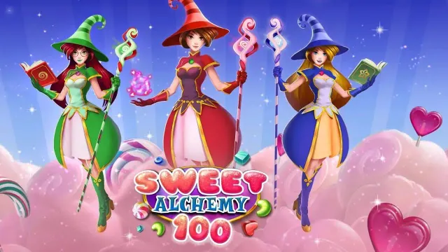Sweet Alchemy 100 老虎機遊戲畫面，Play'n GO 糖果煉金術主題 Cluster Pay 老虎機