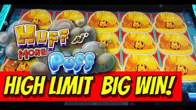 Huff N Puff 系列老虎機遊戲畫面，Light & Wonder 三隻小豬主題大野狼吹房子老虎機